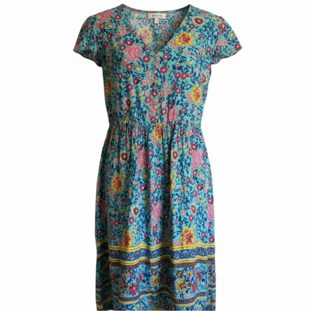 KIRUNDO Women's Short Sleeve V-Neck Turquoise Floral Print Mini Boho Sun Dress